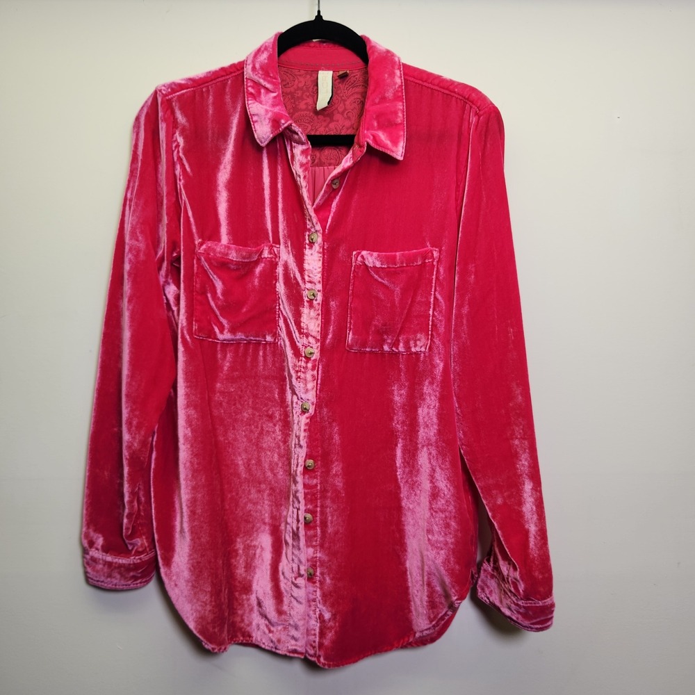 Anthropologie Pilcro Sz 2 Fuchsia Pink Velvet Relaxed Button Down Shirt Barbie‎